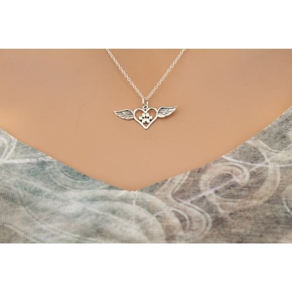 Sterling Silver Paw Print Charm with Heart and Wings Necklace - Picture 3 of 5